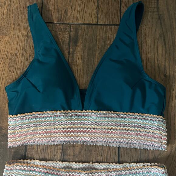 NWOT Women's Tummy Control High Waisted Bikini Set Sz S Turquoise Color Block - Picture 3 of 9